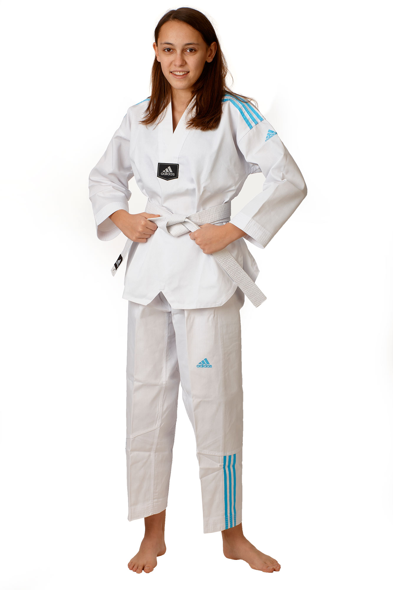 adidas Taekwondoanzug, Adi Club 3 stripes, weißes Revers, blaue Streifen