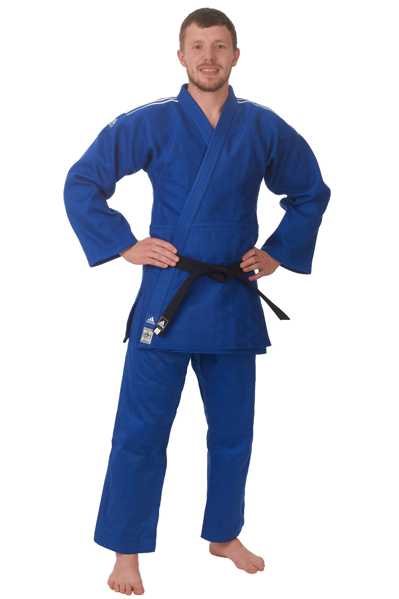 adidas Judoanzug CHAMPION II IJF slim cut, blau/weiße Streifen, JIJFBS