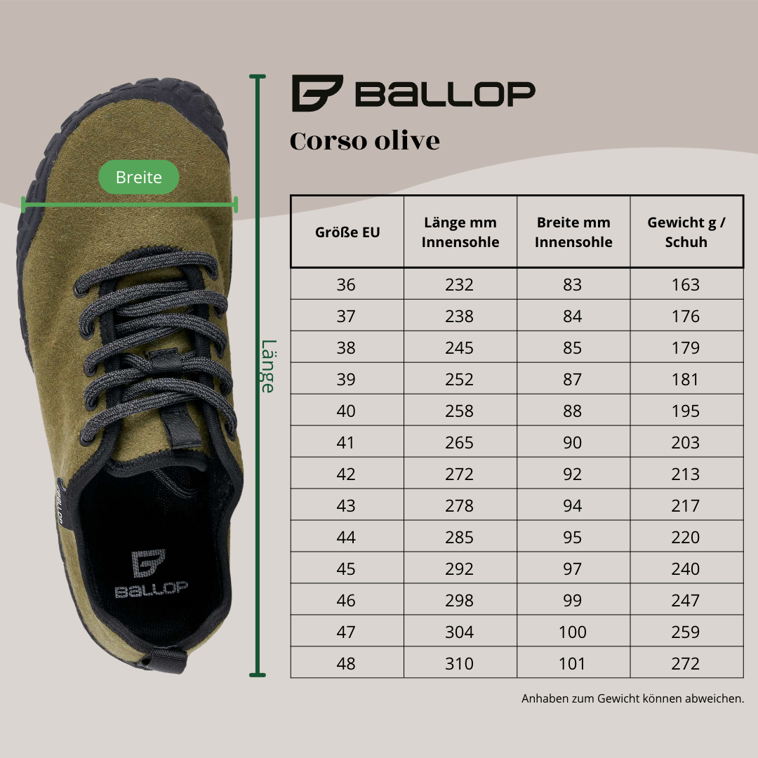 BALLOP Barfußschuhe Corso olive