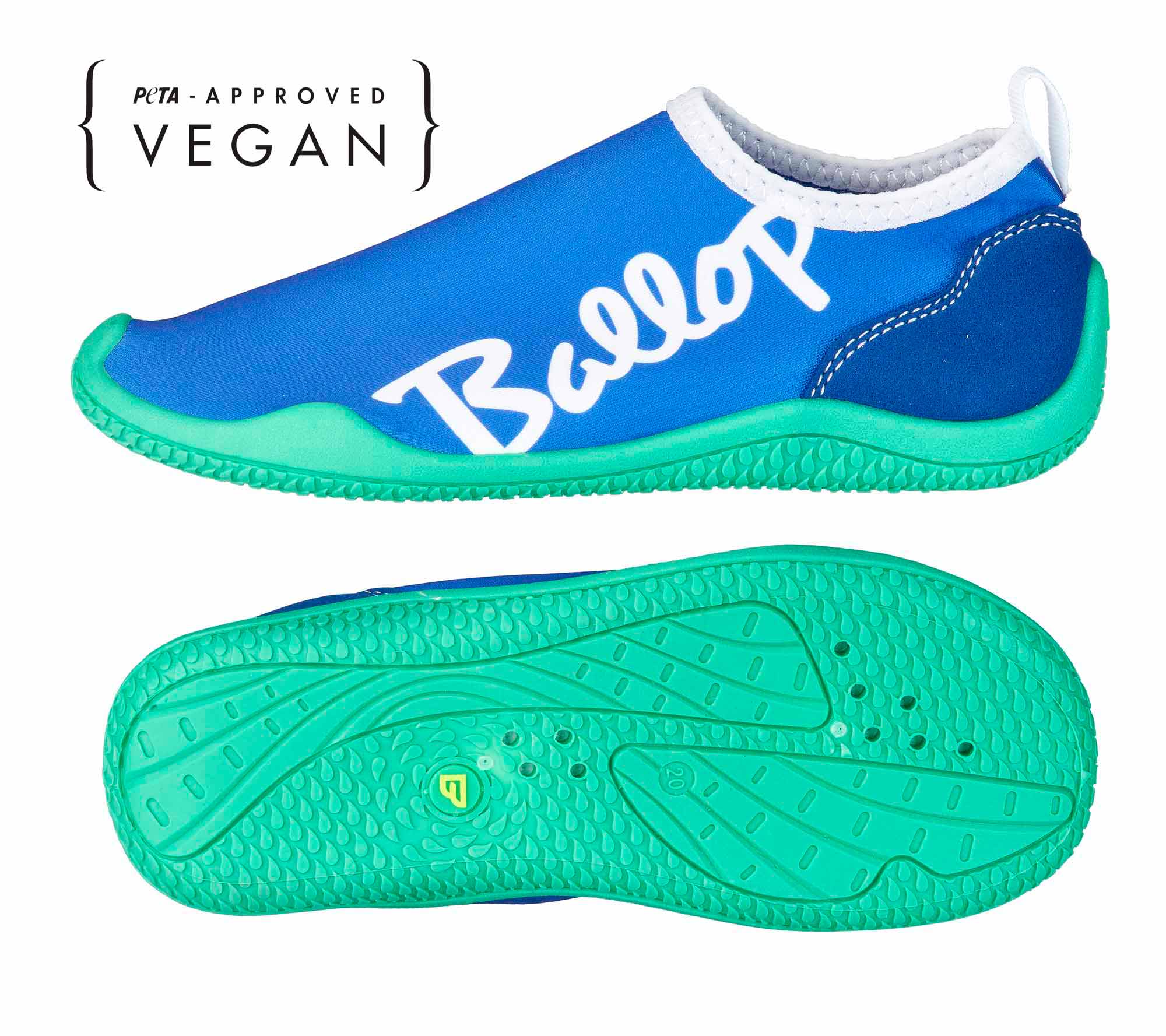 Sneaker, blaue Oberseite, grüne Sohle, schnürloser Stil, vegan