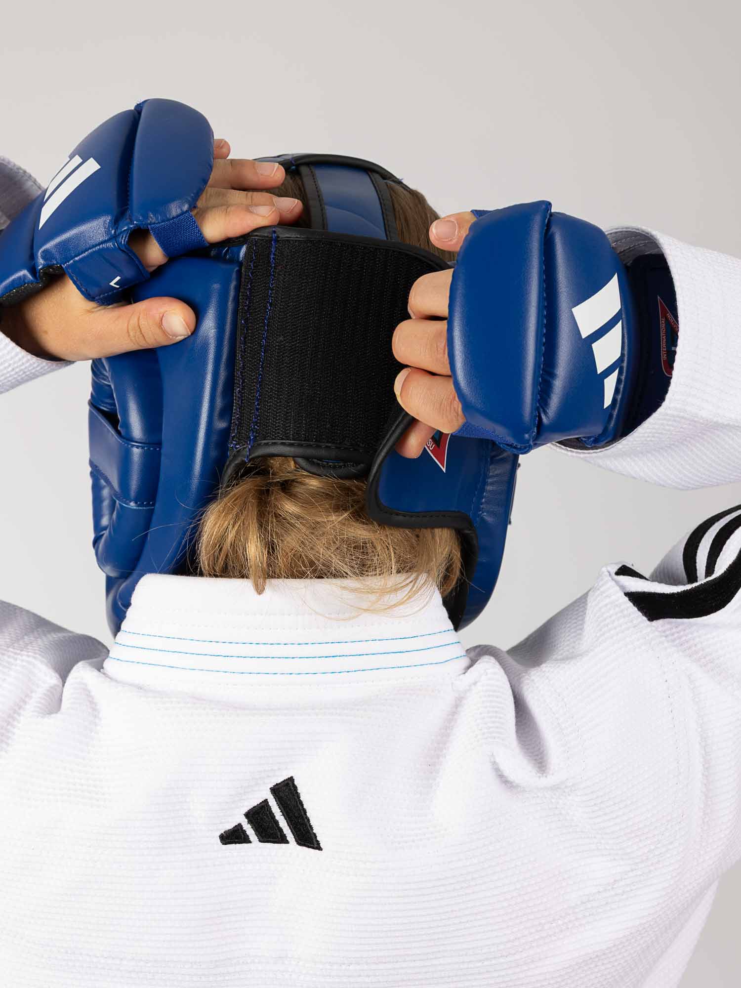 Boxing-Schutzausrüstung, Schutzausrüstung, blaue Handschuhe, Handschuhe, Rückenansicht Kopf